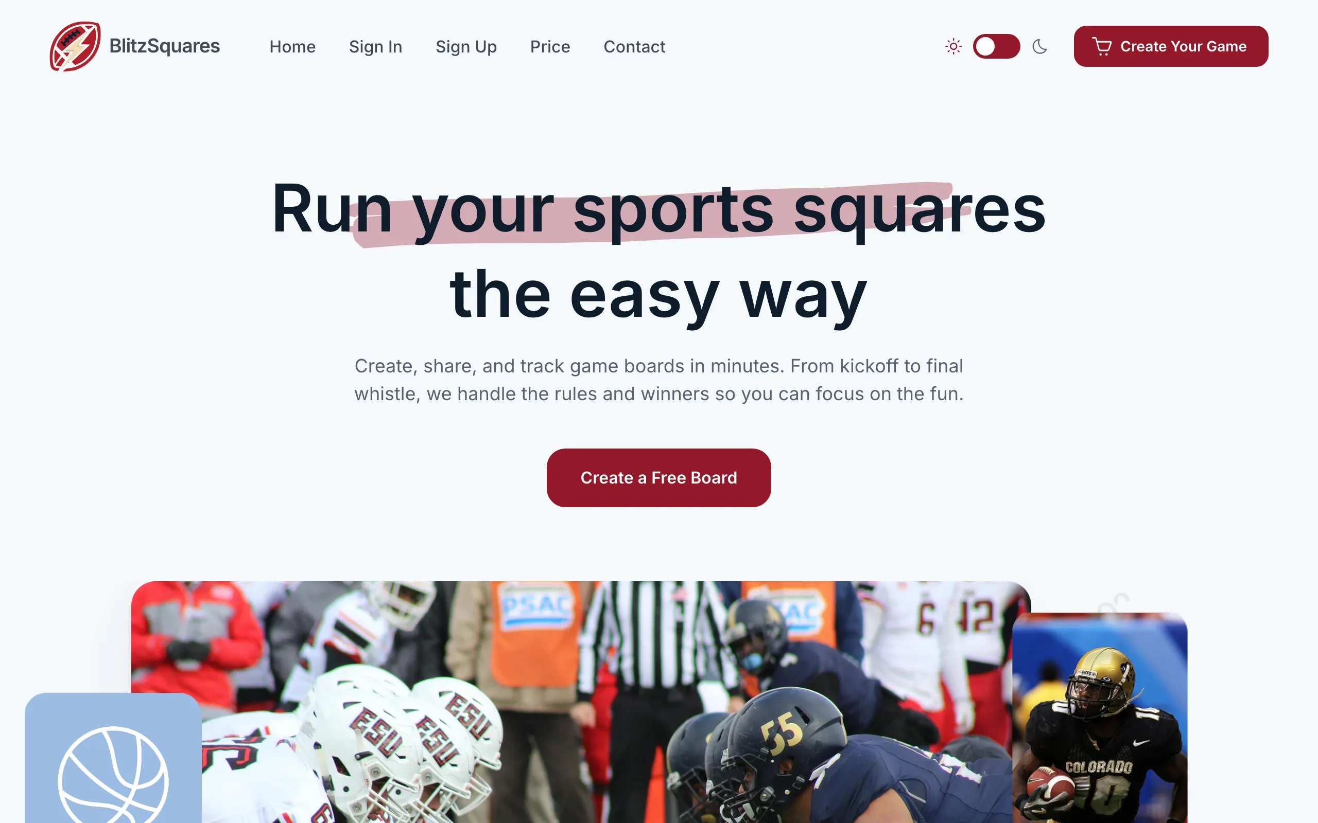 BlitzSquares home page with the call to create a football squares board.