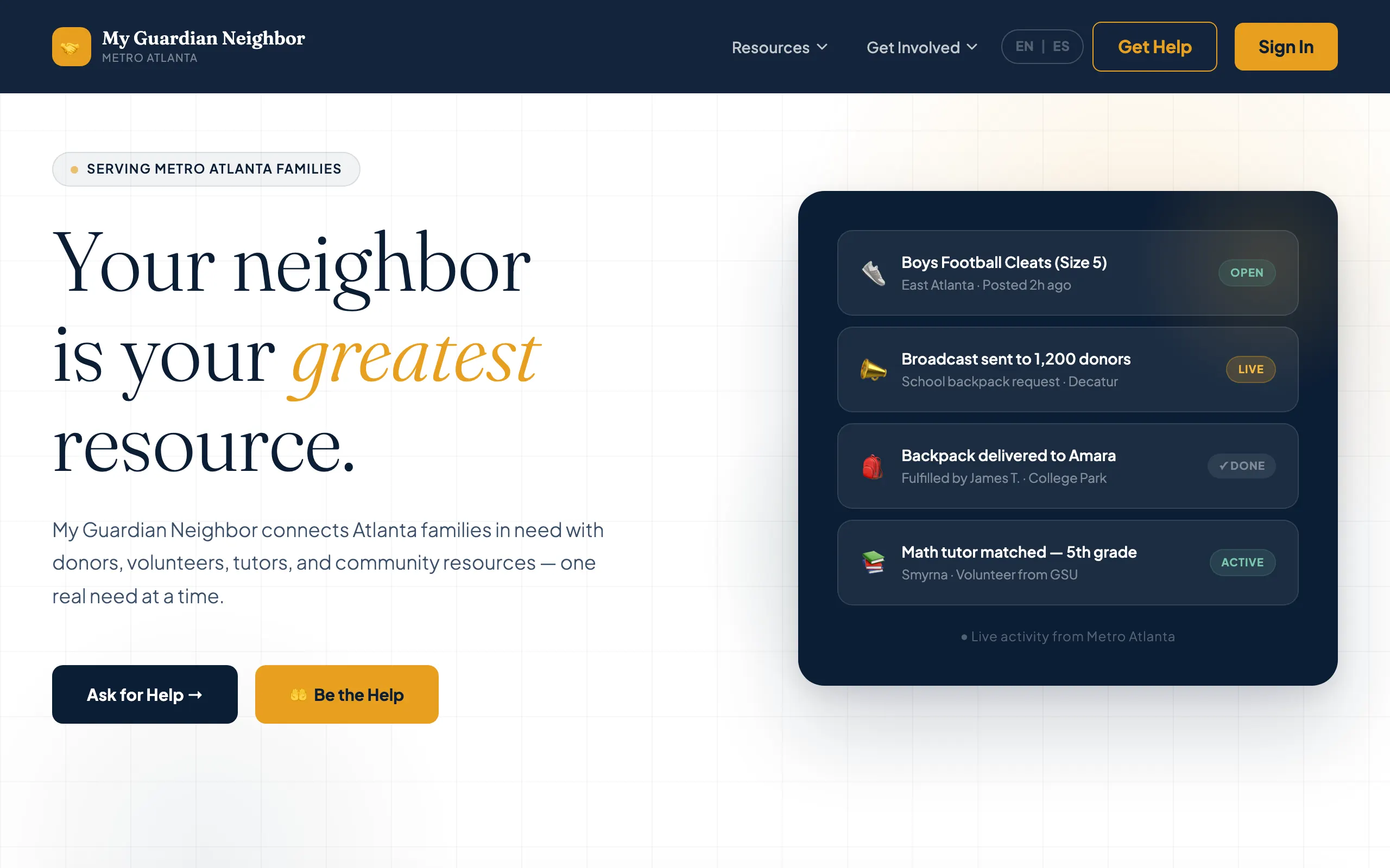 My Guardian Neighbor home page with a live feed of requests, donations and tutoring matches.
