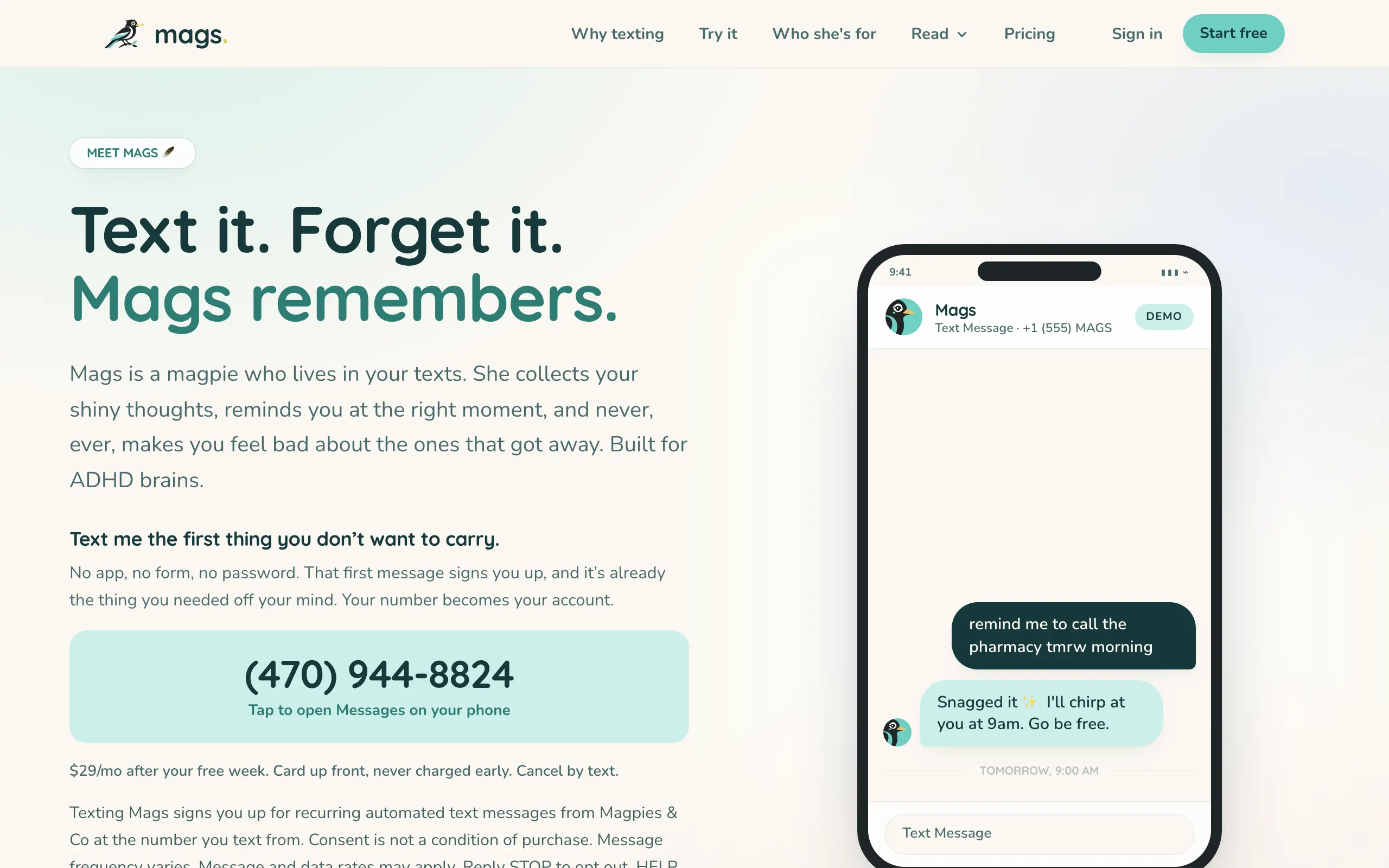 Mags home page: a text conversation setting a reminder, with the number to text.